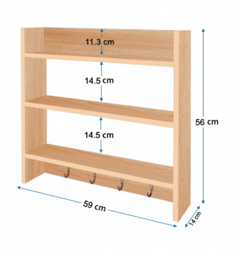Multipurpose Wall Mounted Shelf with Key Hooks (Light Brown) - SM 61