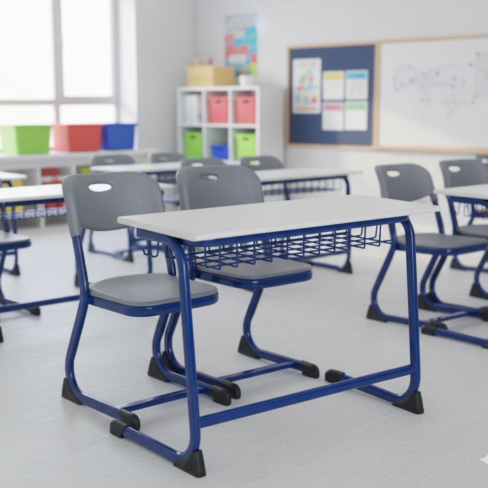 Ergonomic 2 Seater School/College Table and Chair with Book Basket SC 220
