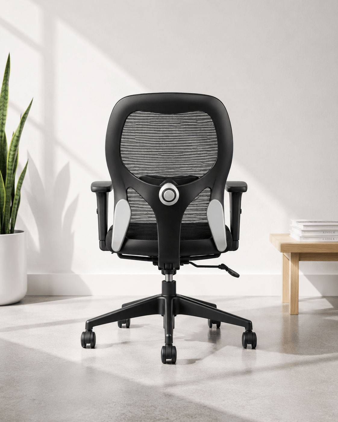 Back view of black mid-back ergonomic mesh revolving office chair with cushioned seat, built-in lumbar support, adjustable armrests and nylon base with castors – Matrix MB by Kazuri