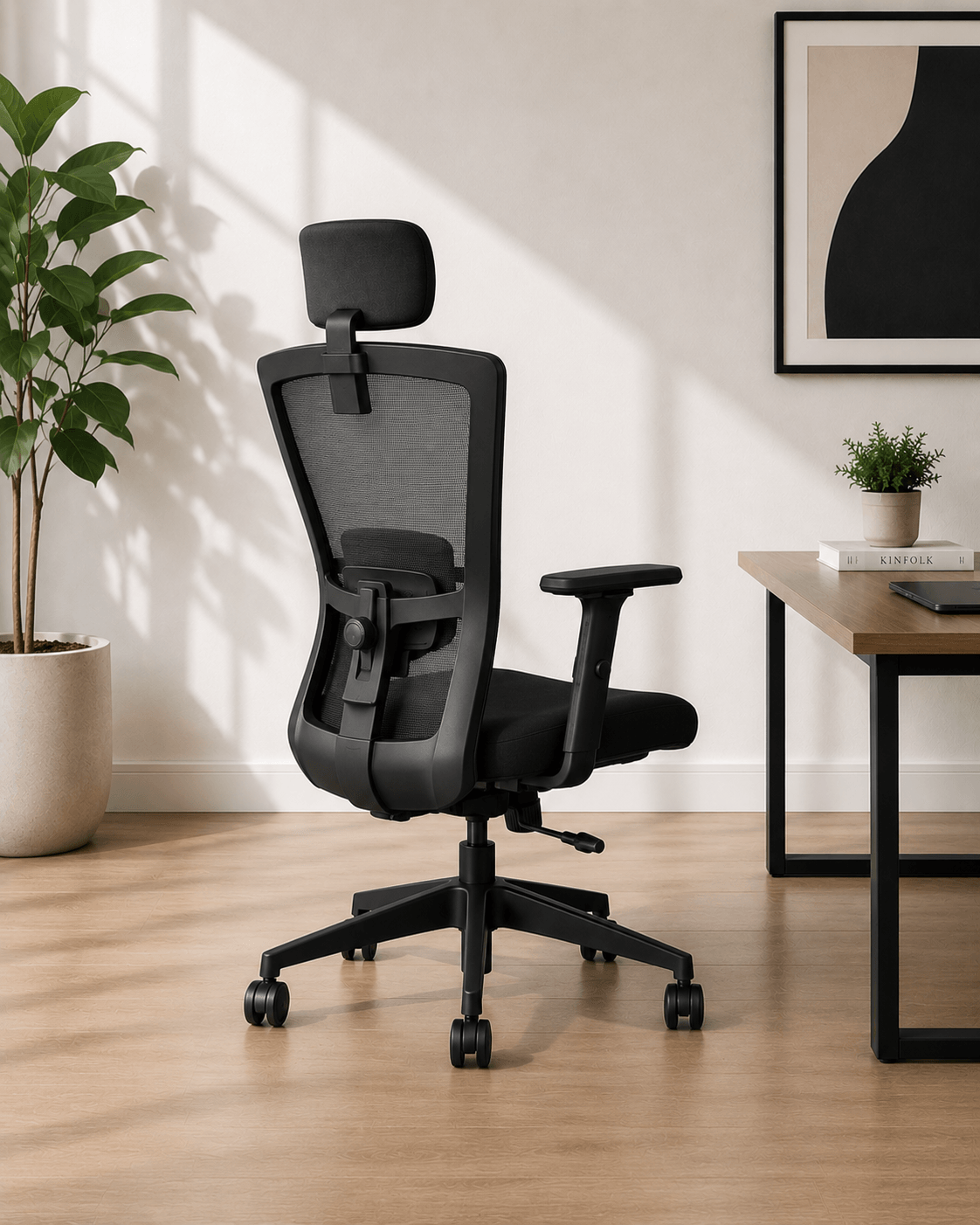 Side view of Zinc HB high-back ergonomic mesh office chair showing seat cushion depth, headrest height and gas lift column – Kazuri Store
