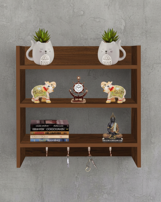 Multipurpose Wall Mounted Shelf with Key Hooks (Dark Brown) - SM 61