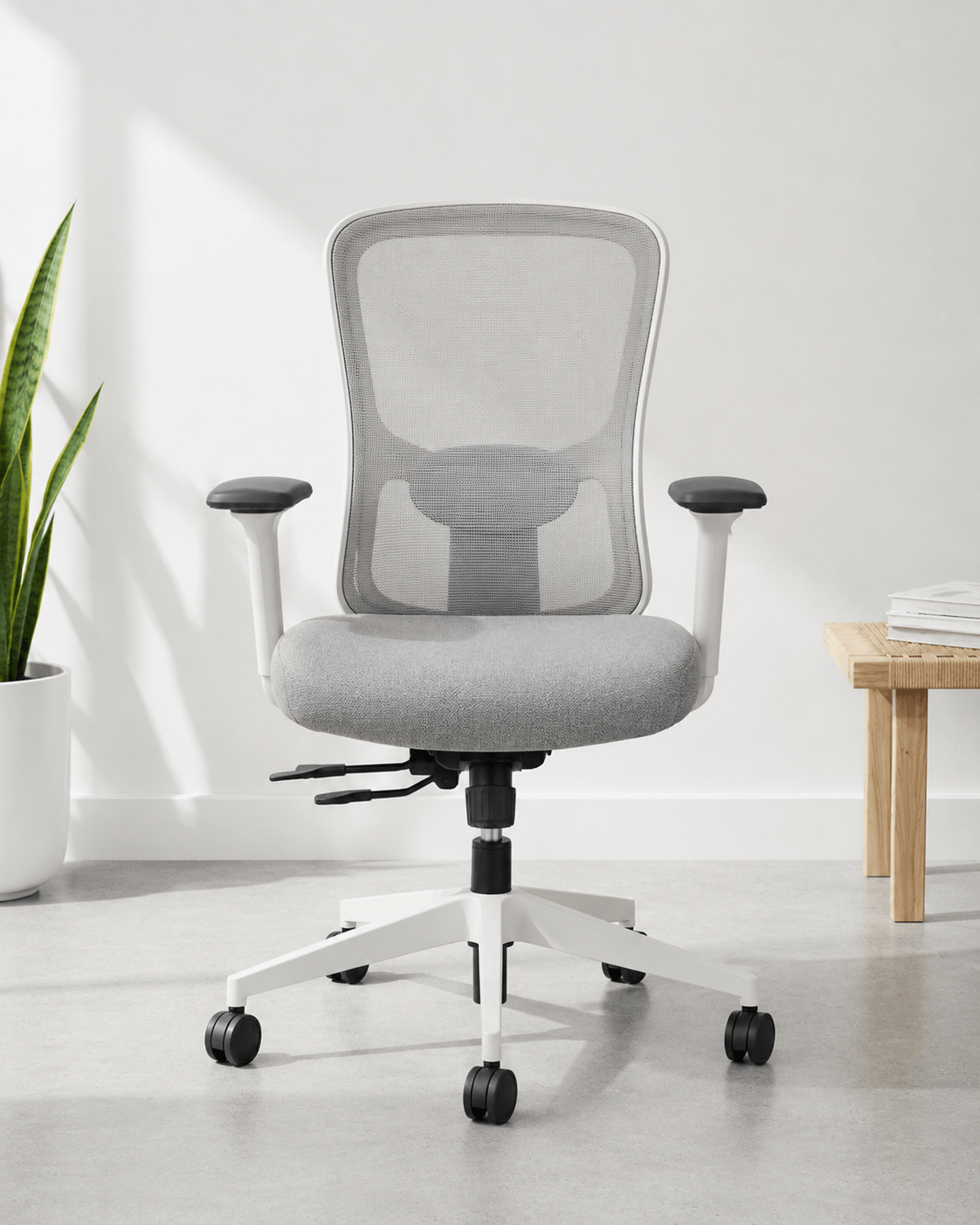 Front view of black mid-back executive ergonomic office chair with moulded foam seat and back, 4D adjustable armrests, inbuilt seat slider and premium aluminium five-star base – Ace MB by Kazuri