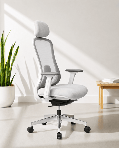 Side view  of white  high-back executive mesh revolving office chair with integrated headrest, adjustable armrests and gas lift base – Ace high back by Kazuri