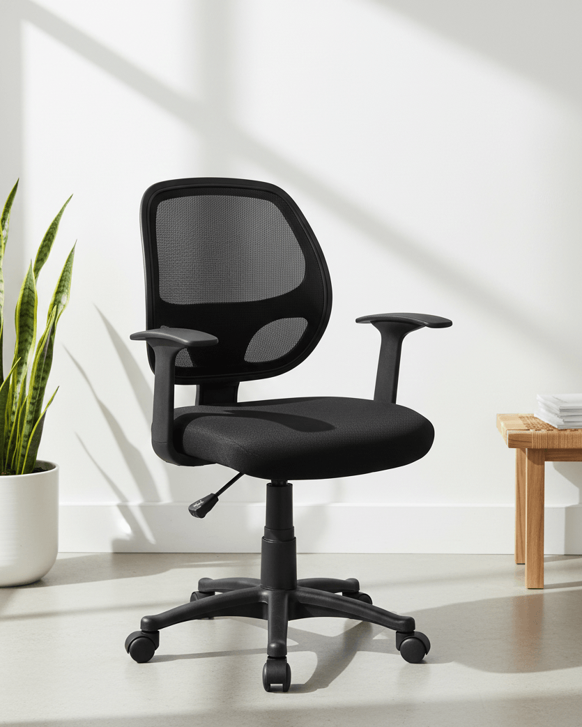 Front view of black mid-back ergonomic office chair with moulded foam seat and back, hydraulic gas lift and nylon swivel base with castors – Beetle MB by Kazuri