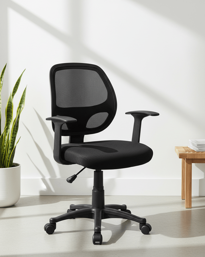 Front view of black mid-back ergonomic office chair with moulded foam seat and back, hydraulic gas lift and nylon swivel base with castors – Beetle MB by Kazuri