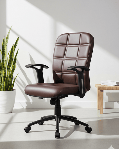Front view of brown mid-back executive leatherette revolving office chair with quilted grid-stitch back, fixed T-bar armrests and MS black PC swivel base – Checks MB by Kazuri