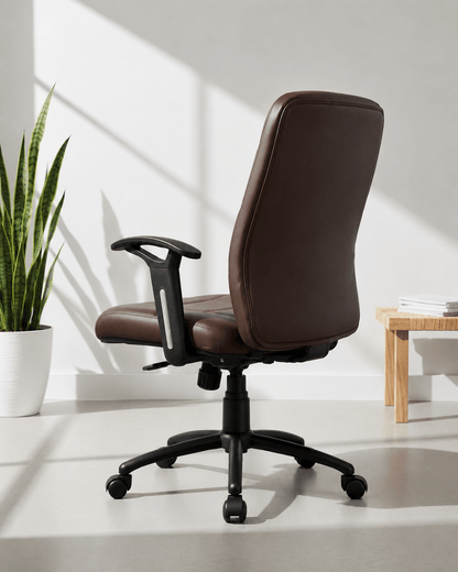 Rear view of Checks MB mid-back executive leatherette office chair showing distinctive quilted grid-stitch pattern and MS black PC five-star swivel base – Kazuri Store