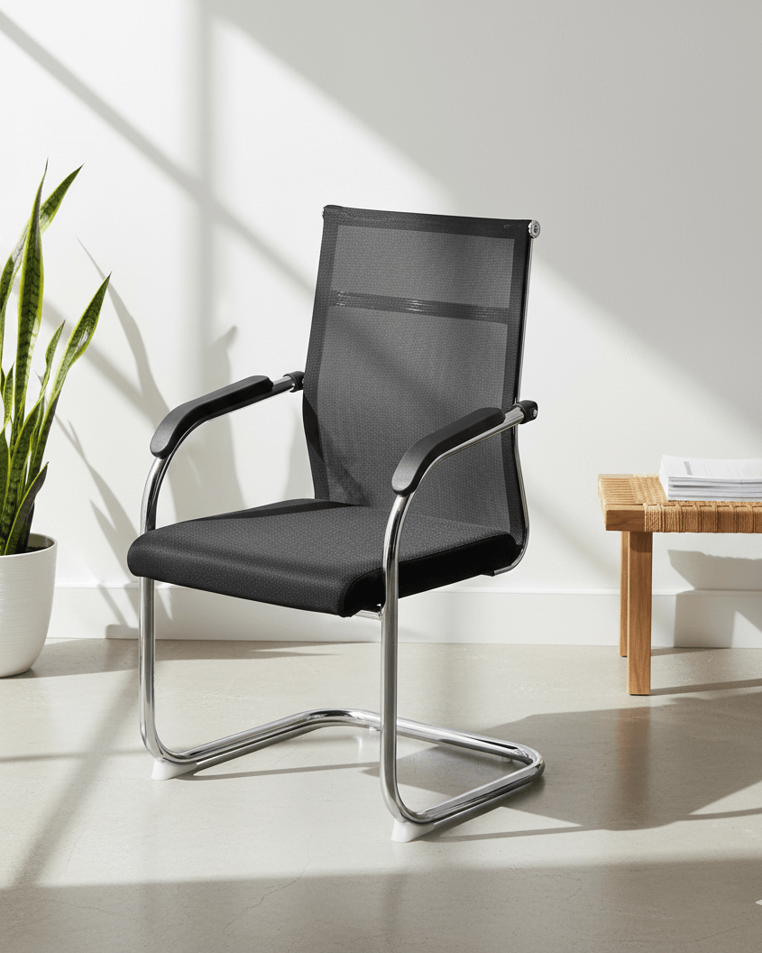 Front view of black fixed visitor chair with moulded foam seat, fixed armrests and chrome base – SM 725 by Kazuri