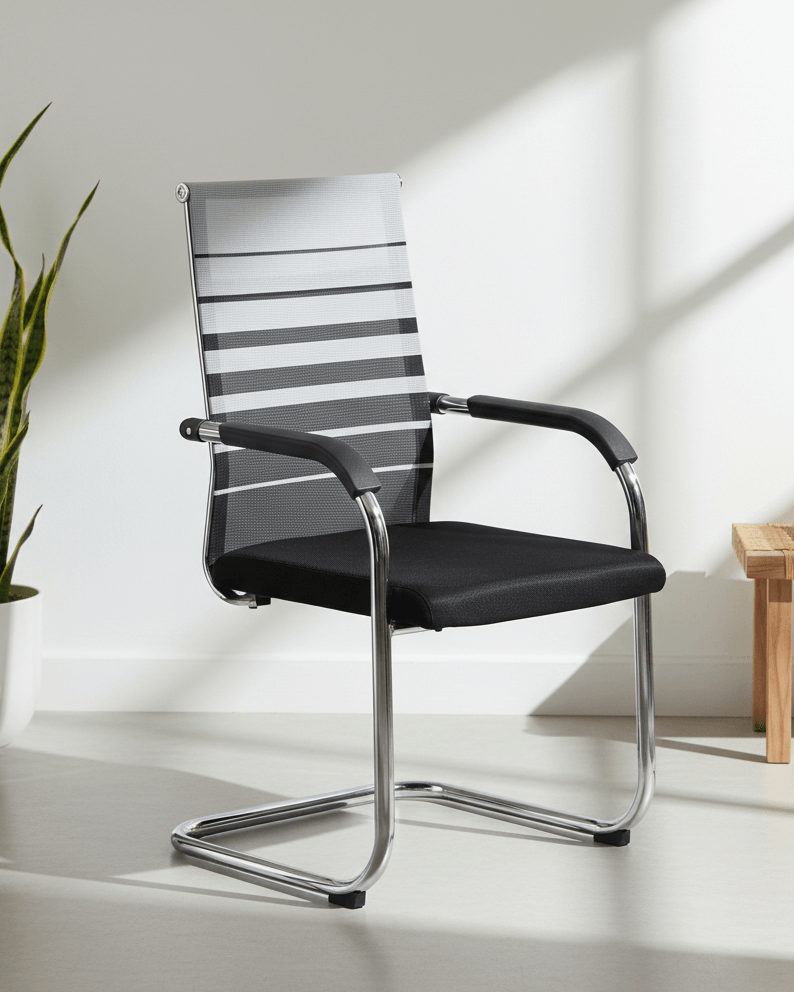 Front view of black fixed visitor chair with moulded foam seat, fixed armrests and chrome base – SM 726 by Kazuri