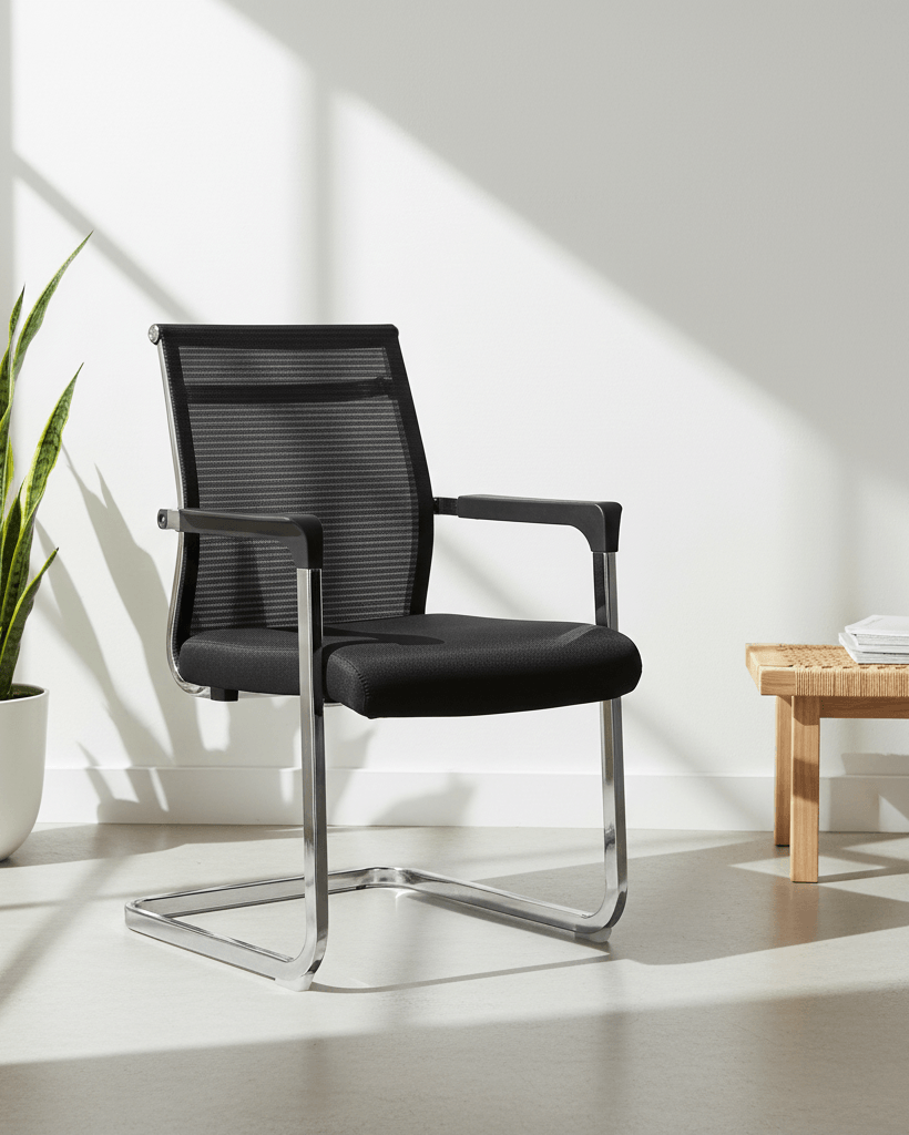 Front view of black fixed visitor chair with moulded foam seat, fixed armrests and chrome base – SM 724 by Kazuri
