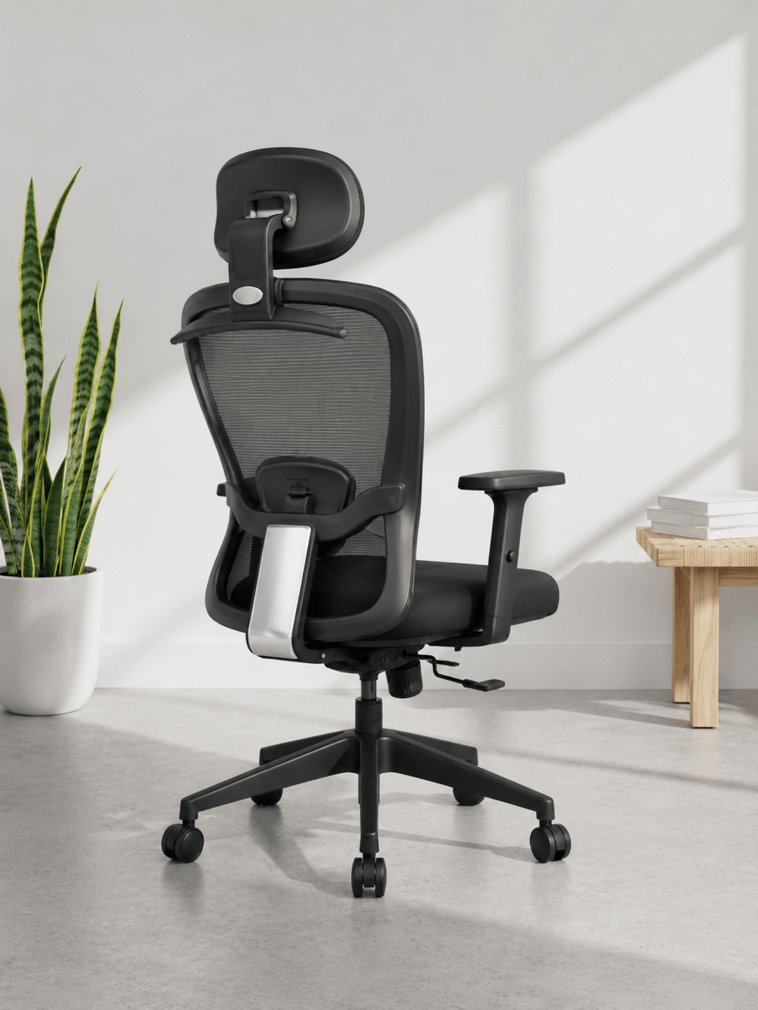 Back view of Dune high back ergonomic mesh office chair showing lumbar support, mesh back and adjustable headrest – Kazuri Store