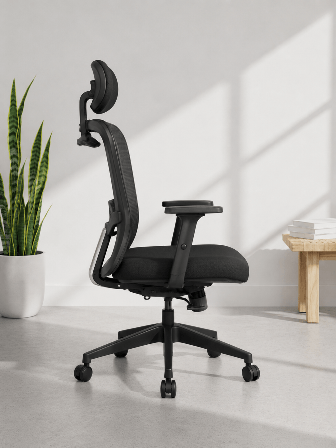 Side view of Dune high back ergonomic mesh office chair showing lumbar support, mesh back and adjustable headrest – Kazuri Store
