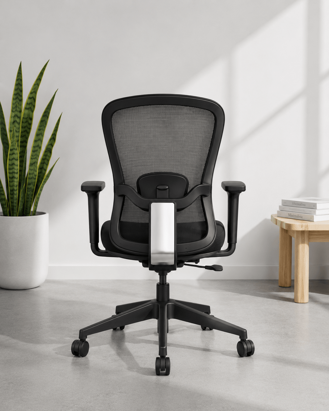 Back view of Dune mid back ergonomic mesh office chair showing lumbar support, mesh back and adjustable armrests – Kazuri Store