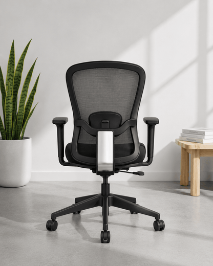 Back view of Dune mid back ergonomic mesh office chair showing lumbar support, mesh back and adjustable armrests – Kazuri Store