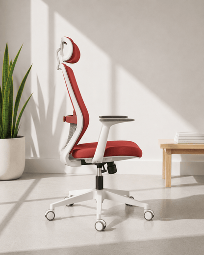 Side view of black high-back ergonomic revolving office chair with moulded foam seat, adjustable armrests and hydraulic gas lift nylon base – Flex HB by Kazuri
