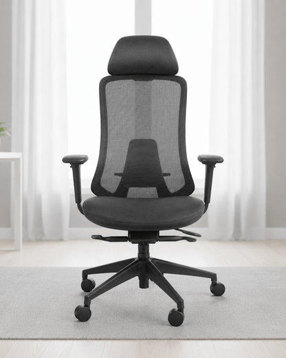 Front view of black high-back ergonomic revolving office chair with moulded foam seat, integrated headrest, adjustable armrests and gas lift base – Fedo HB by Kazuri