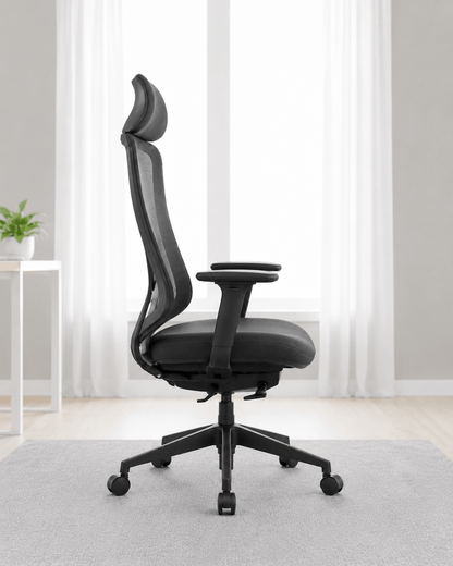 Side view of black high-back ergonomic revolving office chair with moulded foam seat, integrated headrest, adjustable armrests and gas lift base – Fedo HB by Kazuri