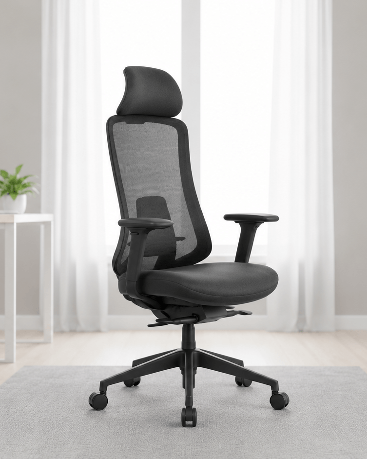 Side view of Fedo HB high-back ergonomic office chair showing headrest, adjustable armrests and nylon swivel base – Kazuri Store