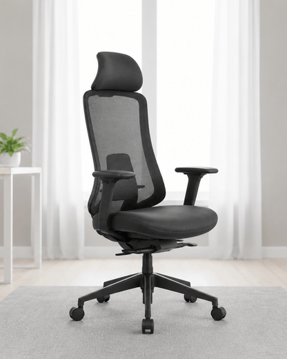 Side view of Fedo HB high-back ergonomic office chair showing headrest, adjustable armrests and nylon swivel base – Kazuri Store