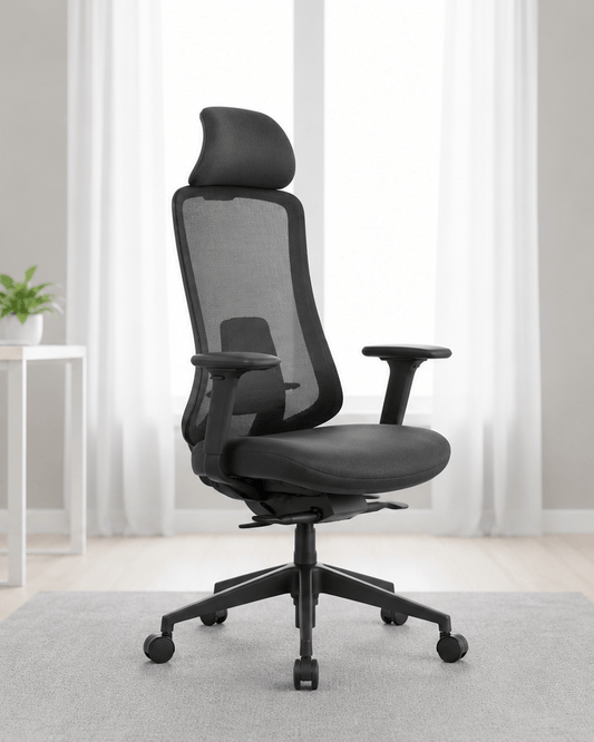 Side view of Fedo HB high-back ergonomic office chair showing headrest, adjustable armrests and nylon swivel base – Kazuri Store