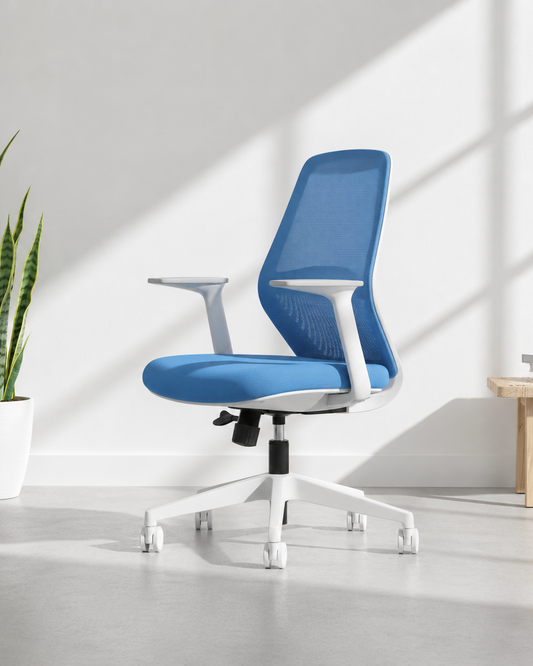 Blue and White mid-back ergonomic mesh revolving office chair with moulded foam seat, adjustable armrests and nylon base with castors – Flex by Kazuri