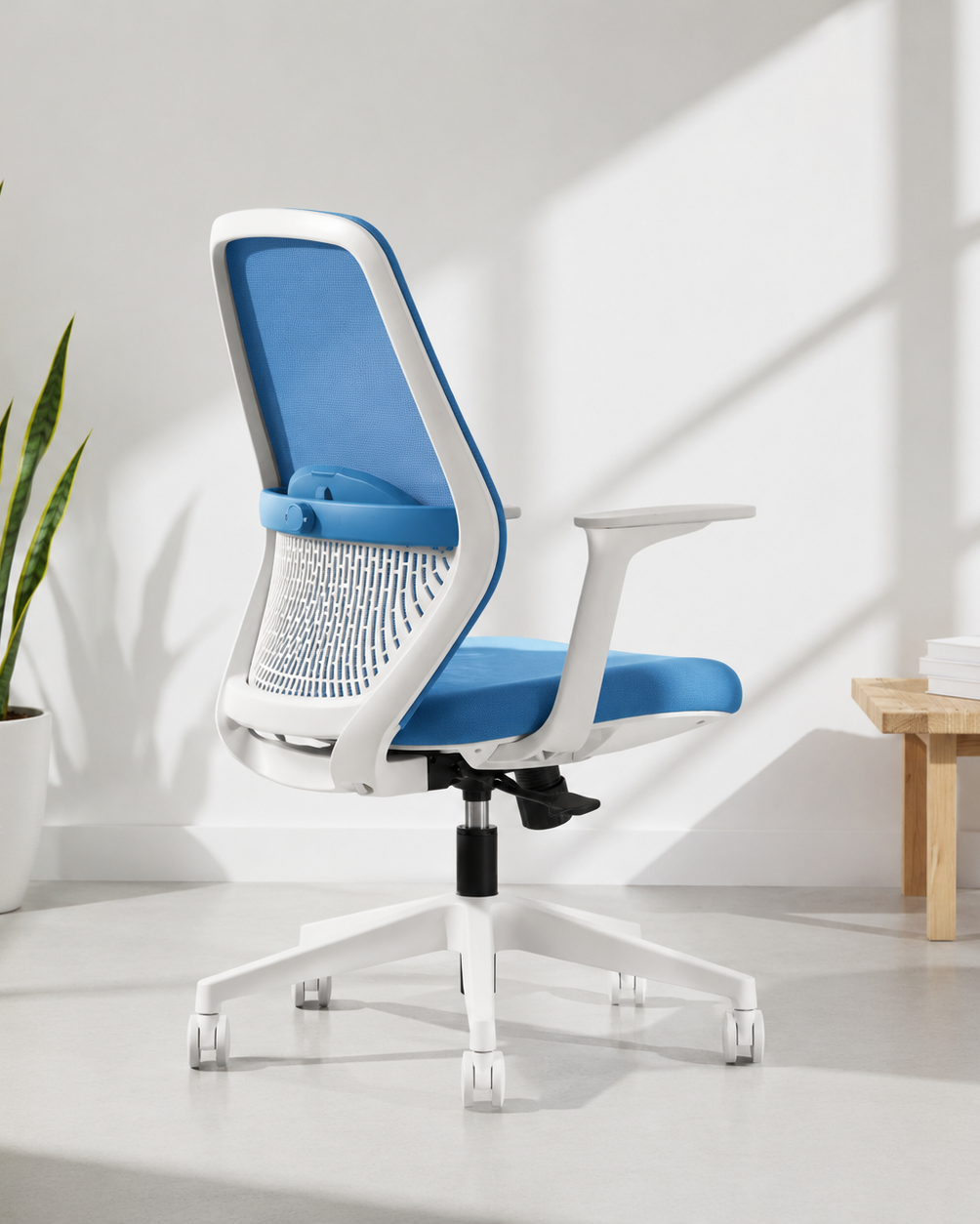 Mid-back ergonomic mesh revolving office chair back view with lumbar support, moulded seat, adjustable armrests and nylon base with castors – Flex mid back by Kazuri