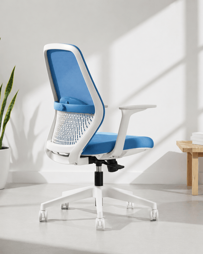 Mid-back ergonomic mesh revolving office chair back view with lumbar support, moulded seat, adjustable armrests and nylon base with castors – Flex mid back by Kazuri
