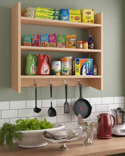 Multipurpose Wall Mounted Shelf with Key Hooks (Light Brown) - SM 61