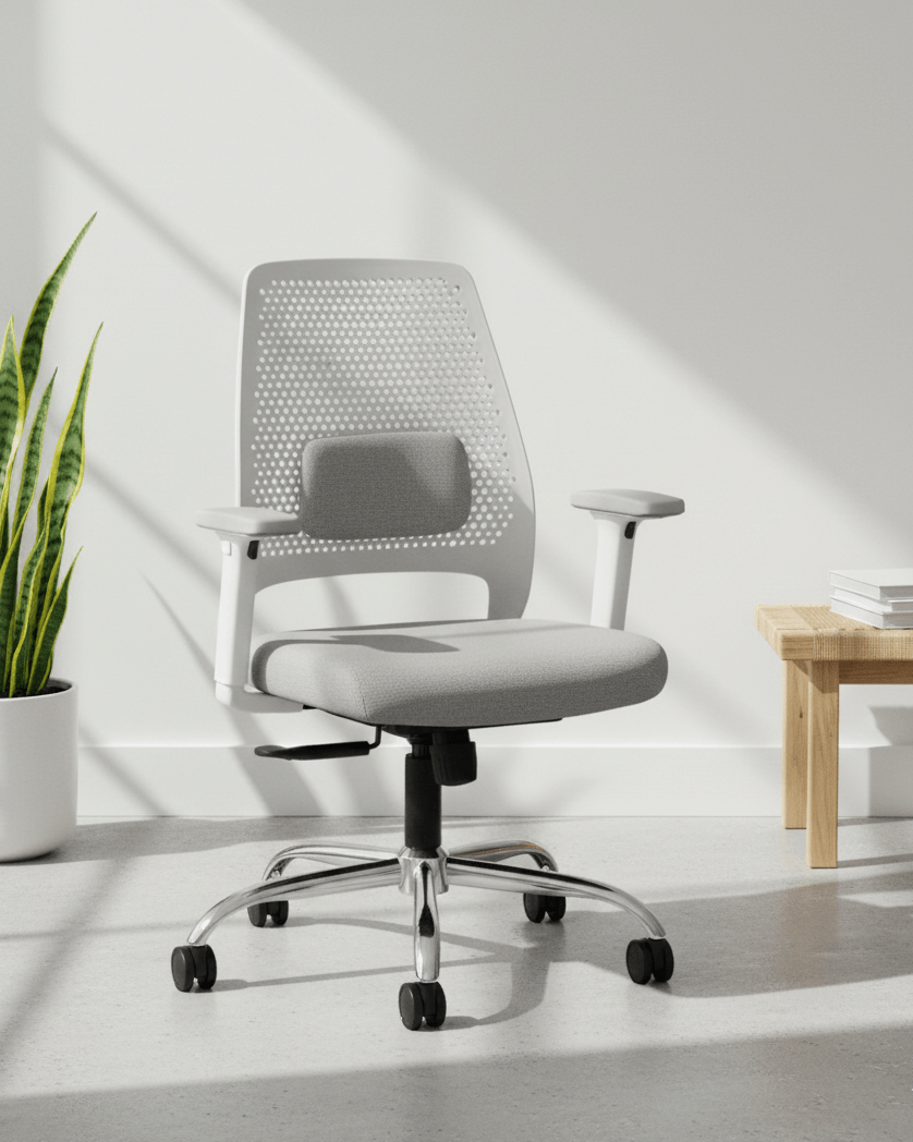 Front view of grey mid-back ergonomic office chair with moulded foam seat and back, hydraulic gas lift and nylon swivel base with castors – Hive MB by Kazuri