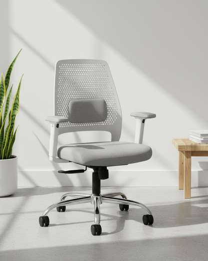 Front view of grey mid-back ergonomic office chair with moulded foam seat and back, hydraulic gas lift and nylon swivel base with castors – Hive MB by Kazuri