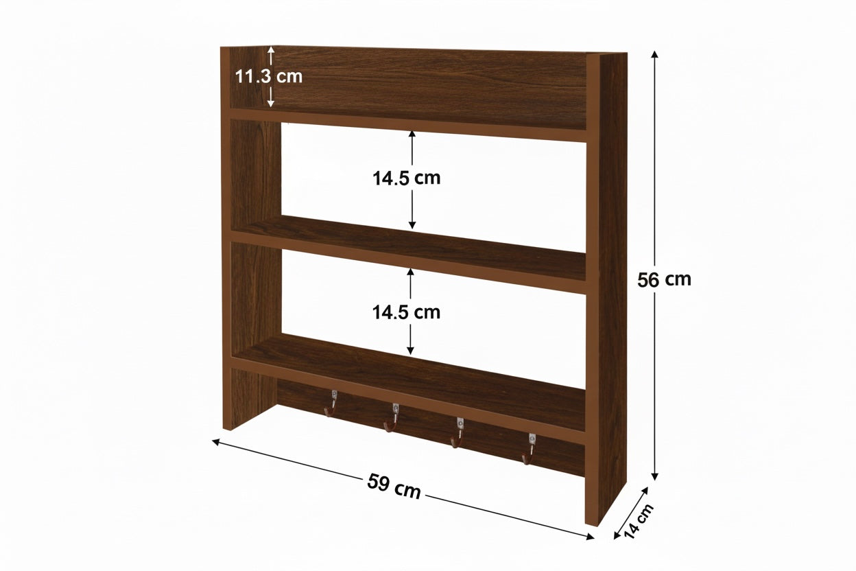 Multipurpose Wall Mounted Shelf with Key Hooks (Dark Brown) - SM 61