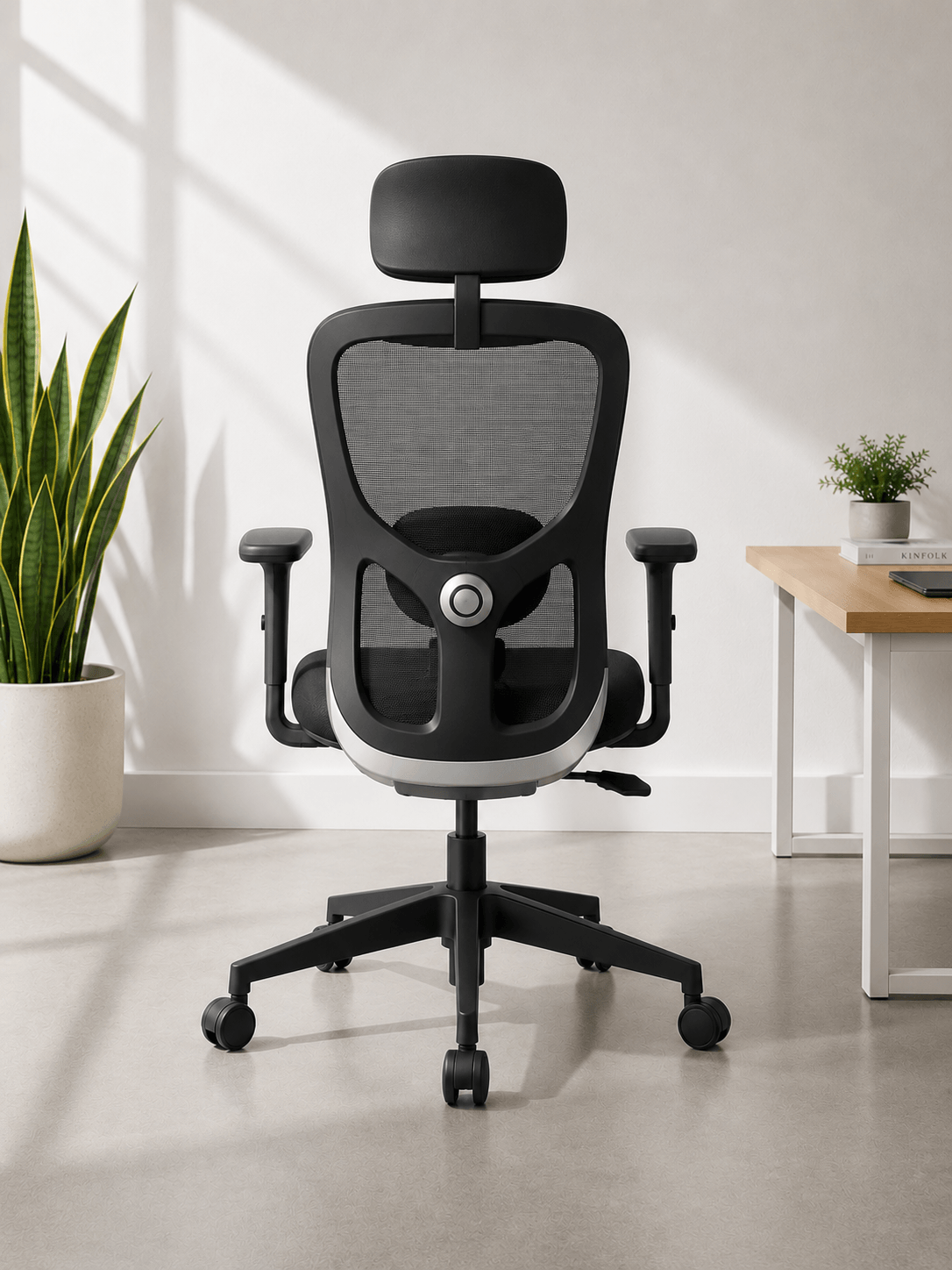 Back view of black high-back ergonomic mesh revolving office chair with headrest, adjustable lumbar support, 2-way armrests and nylon base with castors – Jazz HB by Kazuri