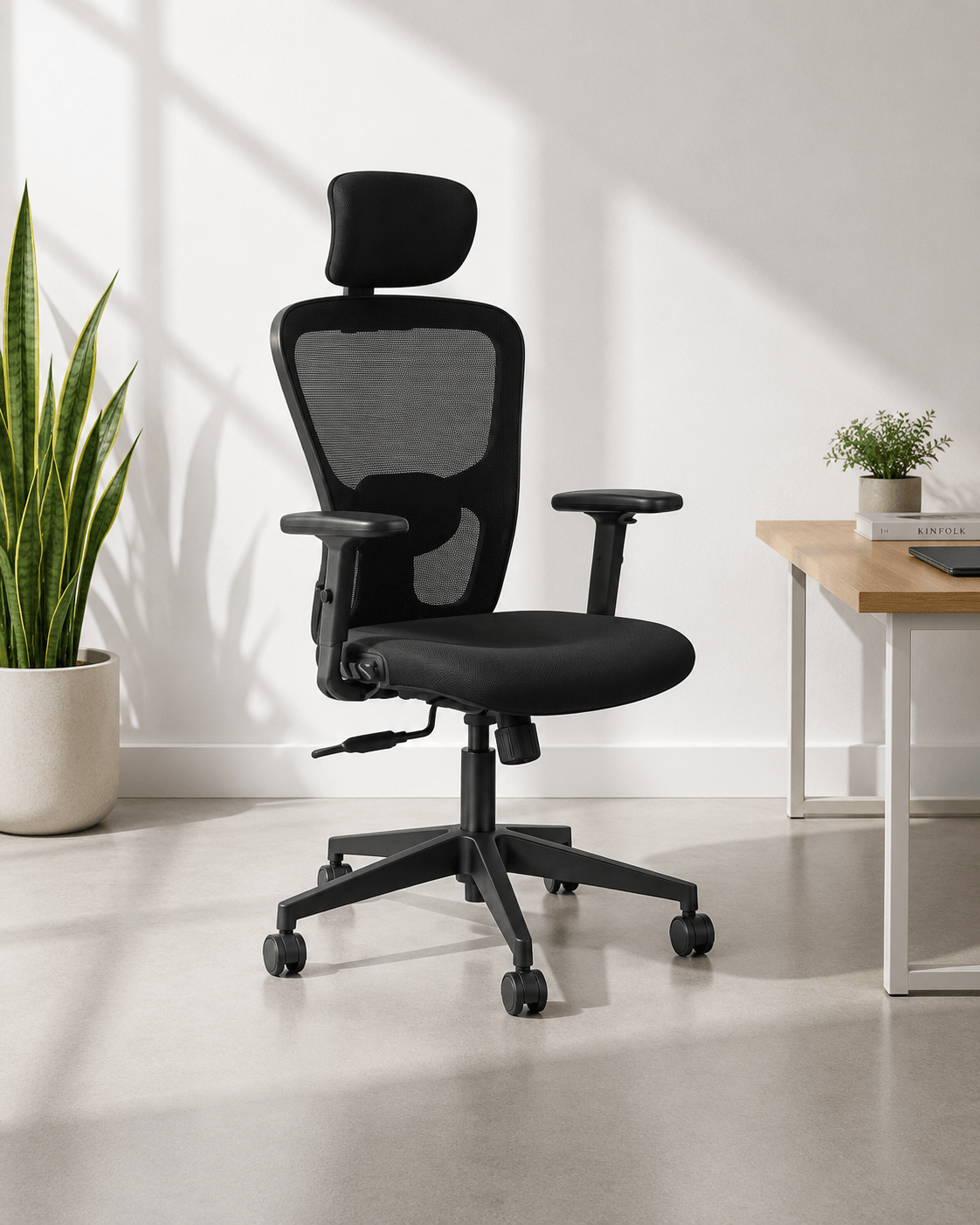 Front view of black high-back ergonomic mesh revolving office chair with headrest, adjustable lumbar support, 2-way armrests and nylon base with castors – Jazz HB by Kazuri