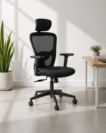 Front view of black high-back ergonomic mesh revolving office chair with headrest, adjustable lumbar support, 2-way armrests and nylon base with castors – Jazz HB by Kazuri