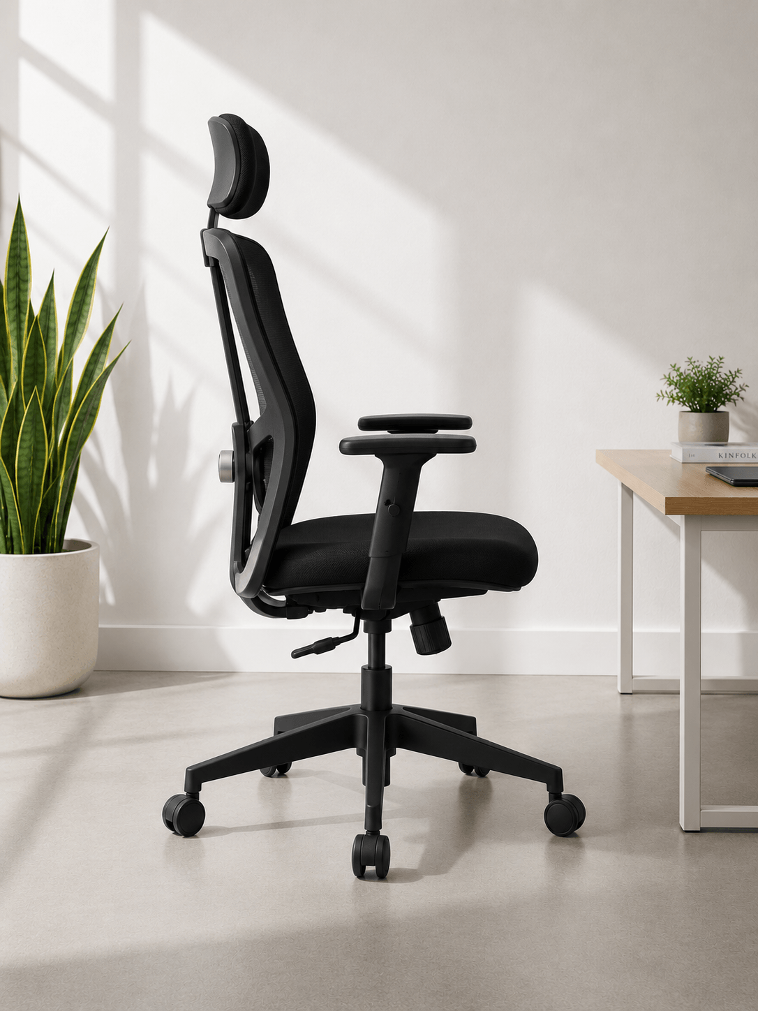 Side view of black high-back ergonomic mesh revolving office chair with headrest, adjustable lumbar support, 2-way armrests and nylon base with castors – Jazz HB by Kazuri