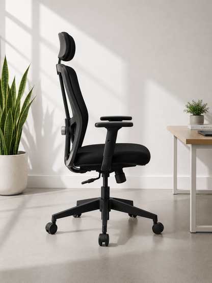 Side view of black high-back ergonomic mesh revolving office chair with headrest, adjustable lumbar support, 2-way armrests and nylon base with castors – Jazz HB by Kazuri