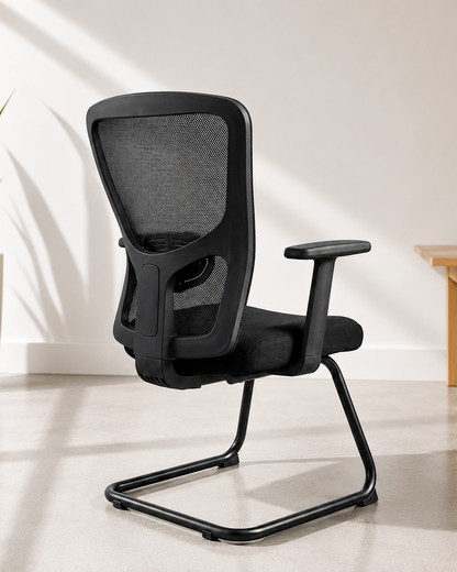Side view of Jazz fixed visitor chair showing mesh backrest, cushioned seat and MS cantilever base – Kazuri Store
