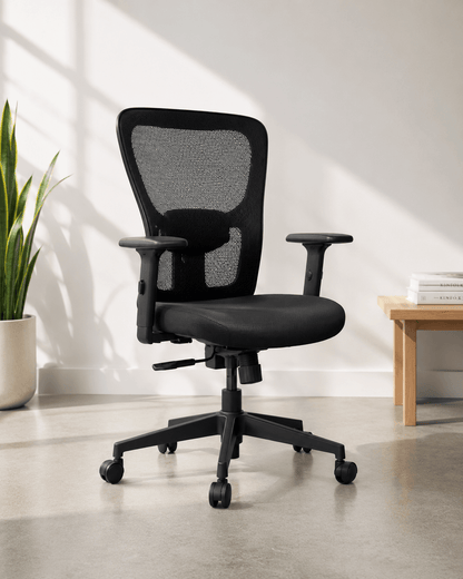Front view of black mid-back ergonomic mesh revolving office chair with adjustable lumbar support, 2-way armrests and nylon base with castors – Jazz MB by Kazuri