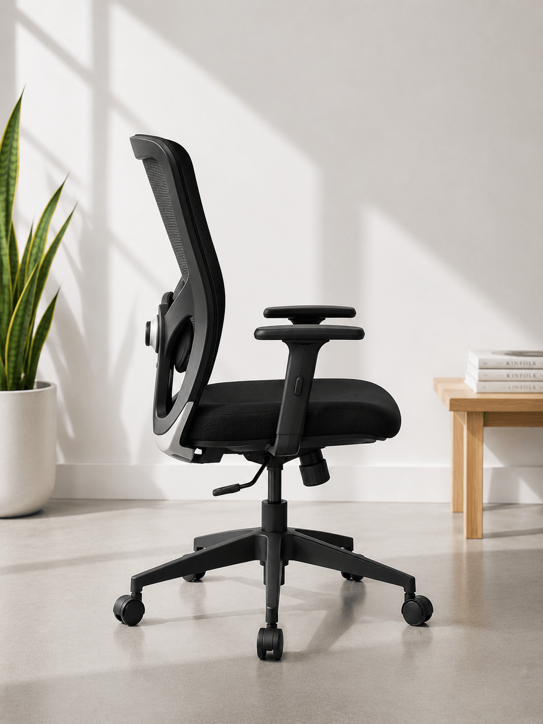 Side view of black mid-back ergonomic mesh revolving office chair with adjustable lumbar support, 2-way armrests and nylon base with castors – Jazz MB by Kazuri