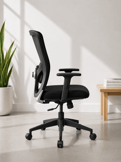 Side view of black mid-back ergonomic mesh revolving office chair with adjustable lumbar support, 2-way armrests and nylon base with castors – Jazz MB by Kazuri