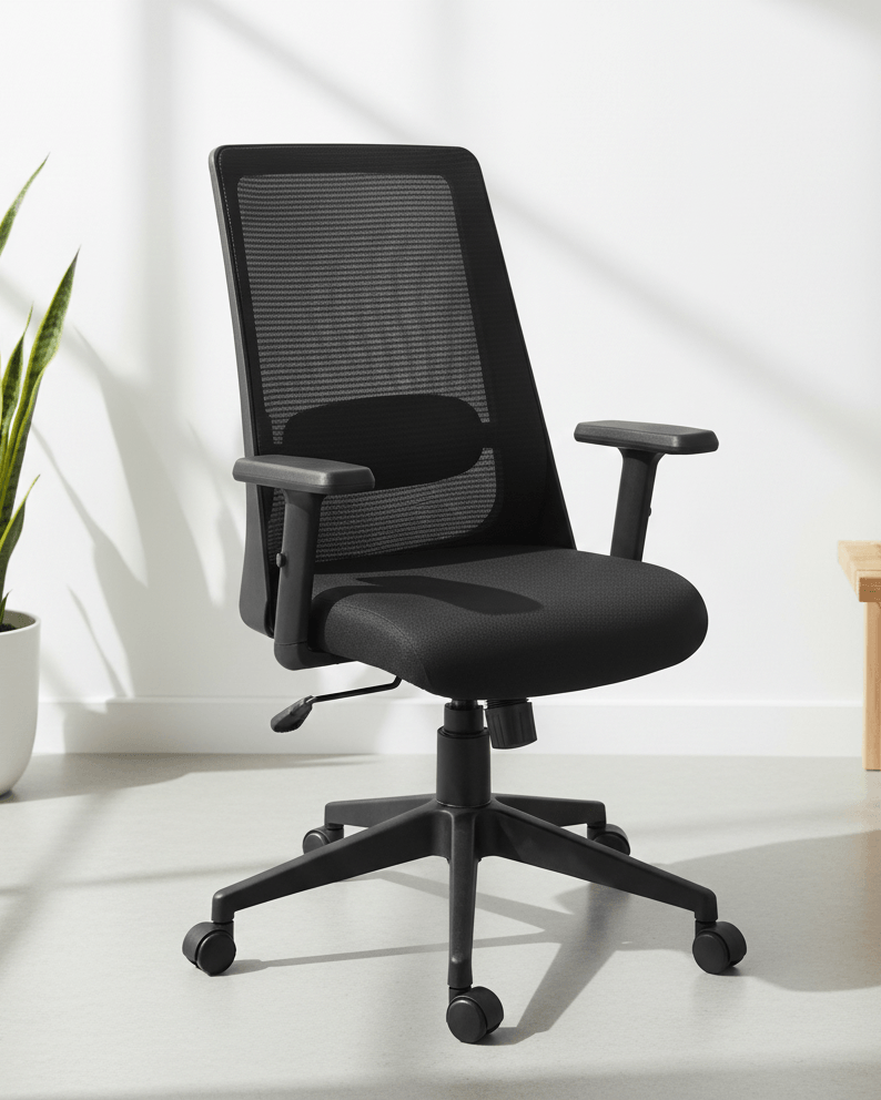 Front view of black mid-back ergonomic office chair with moulded foam seat and back, hydraulic gas lift and nylon swivel base with castors – Jupiter MB by Kazuri