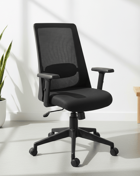 Front view of black mid-back ergonomic office chair with moulded foam seat and back, hydraulic gas lift and nylon swivel base with castors – Jupiter MB by Kazuri