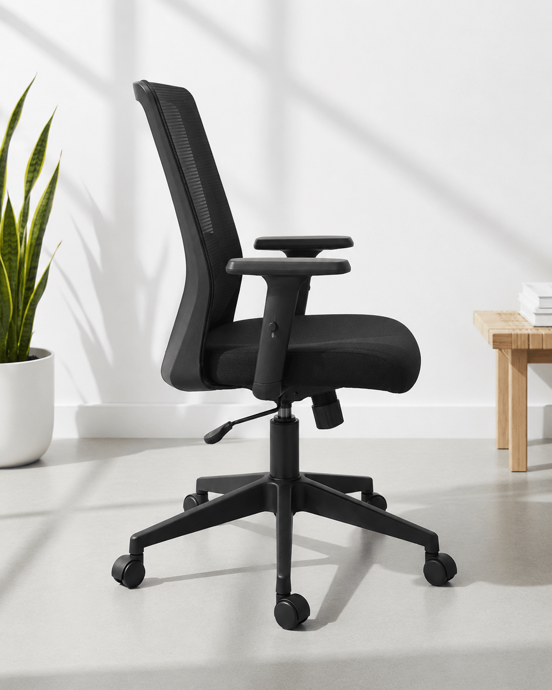 Side view of Jupiter MB mid-back ergonomic office chair showing foam seat depth and gas lift column – Kazuri Store
