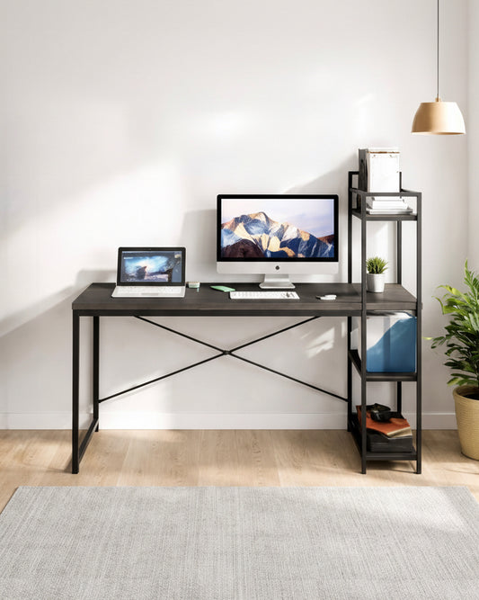 Modern Wooden Workstation Desk with Metal Frame & 4 Storage Shelves SMT 54