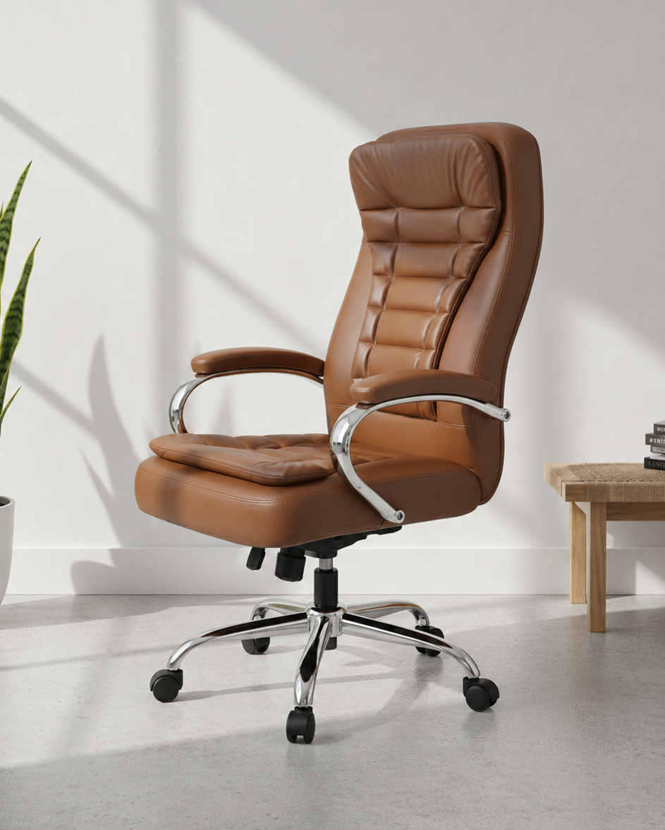 Side view of Brown high-back executive cushioned revolving office chair with leather-look upholstery, padded chrome armrests and chrome five-star swivel base – Kelly by Kazuri