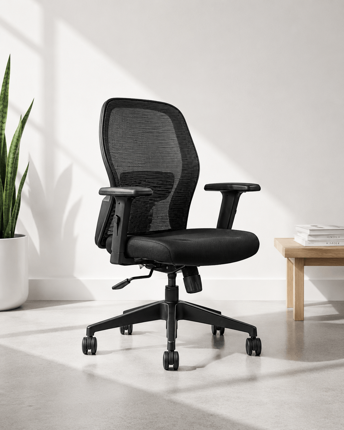 Front view of black mid-back ergonomic mesh revolving office chair with cushioned seat, built-in lumbar support, adjustable armrests and nylon base with castors – Matrix by Kazuri