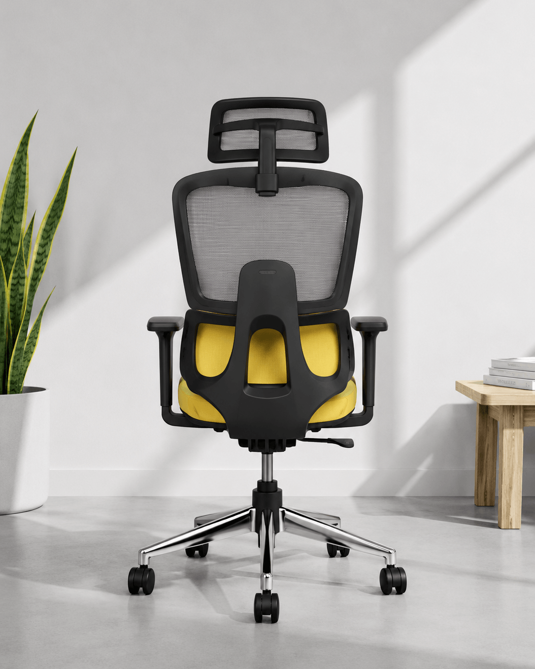 Side view of Prime HB high back office chair showing cushioned lumbar pad, Korean wire mesh back, headrest and crystal chrome 5-star base – Kazuri Store