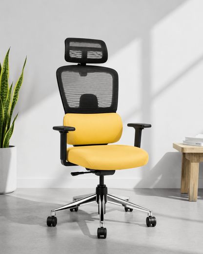 Front view of Prime HB high back ergonomic revolving chair with yellow cushioned seat, Korean wire mesh back, headrest, 2D armrests and crystal chrome base – Kazuri Store