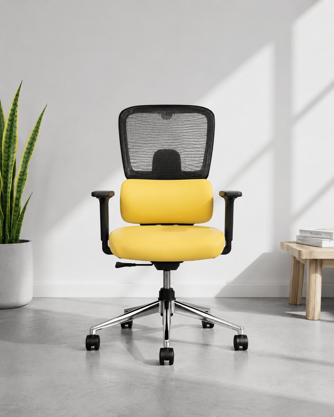 Front view of Prime MB mid back ergonomic revolving chair with yellow cushioned seat, Korean wire mesh back, 2D armrests and crystal chrome base – Kazuri Store