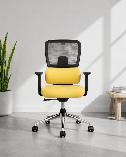 Front view of Prime MB mid back ergonomic revolving chair with yellow cushioned seat, Korean wire mesh back, 2D armrests and crystal chrome base – Kazuri Store